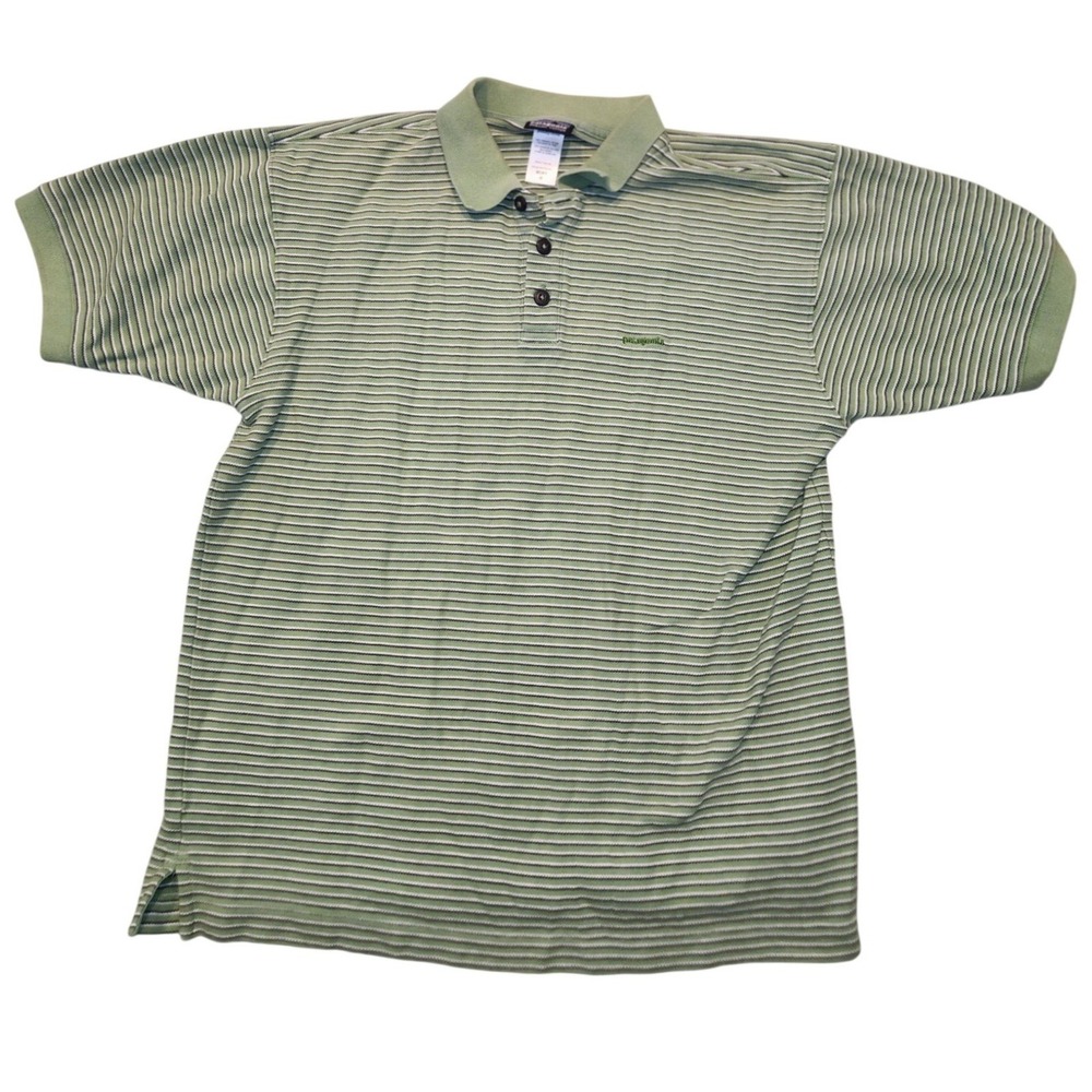 Patagonia Mens‎ Organic Cotton Striped Polo Shirt Green White Medium M Logo